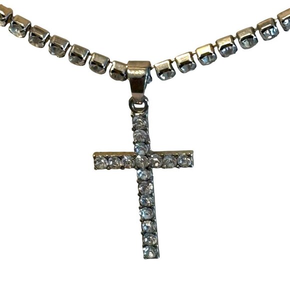 Women's Layered Double Strand Crystal Cross Necklace Religious Statement 19" - Picture 2 of 5